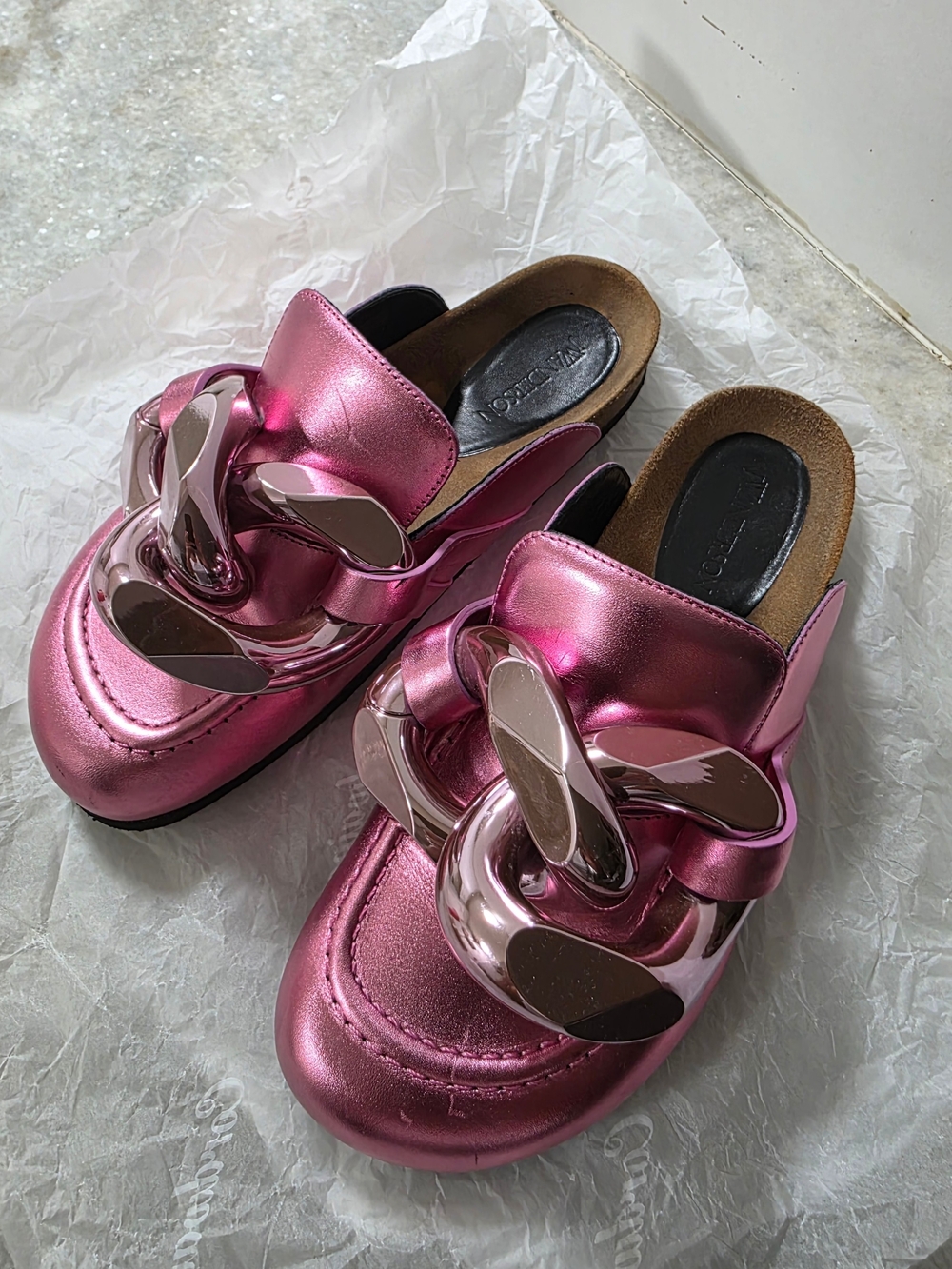 JW ANDERSON Metallic Pink Chain-Embellished Slip-On Mules